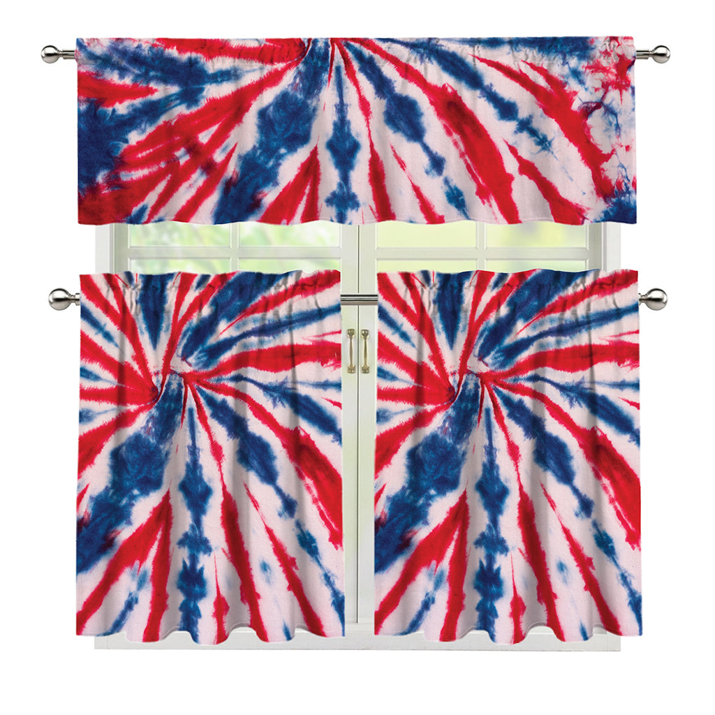 Red And Blue Spider Tie Dye Print 3 Piece Kitchen Curtains