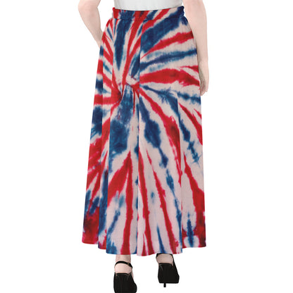 Red And Blue Spider Tie Dye Print Chiffon Maxi Skirt