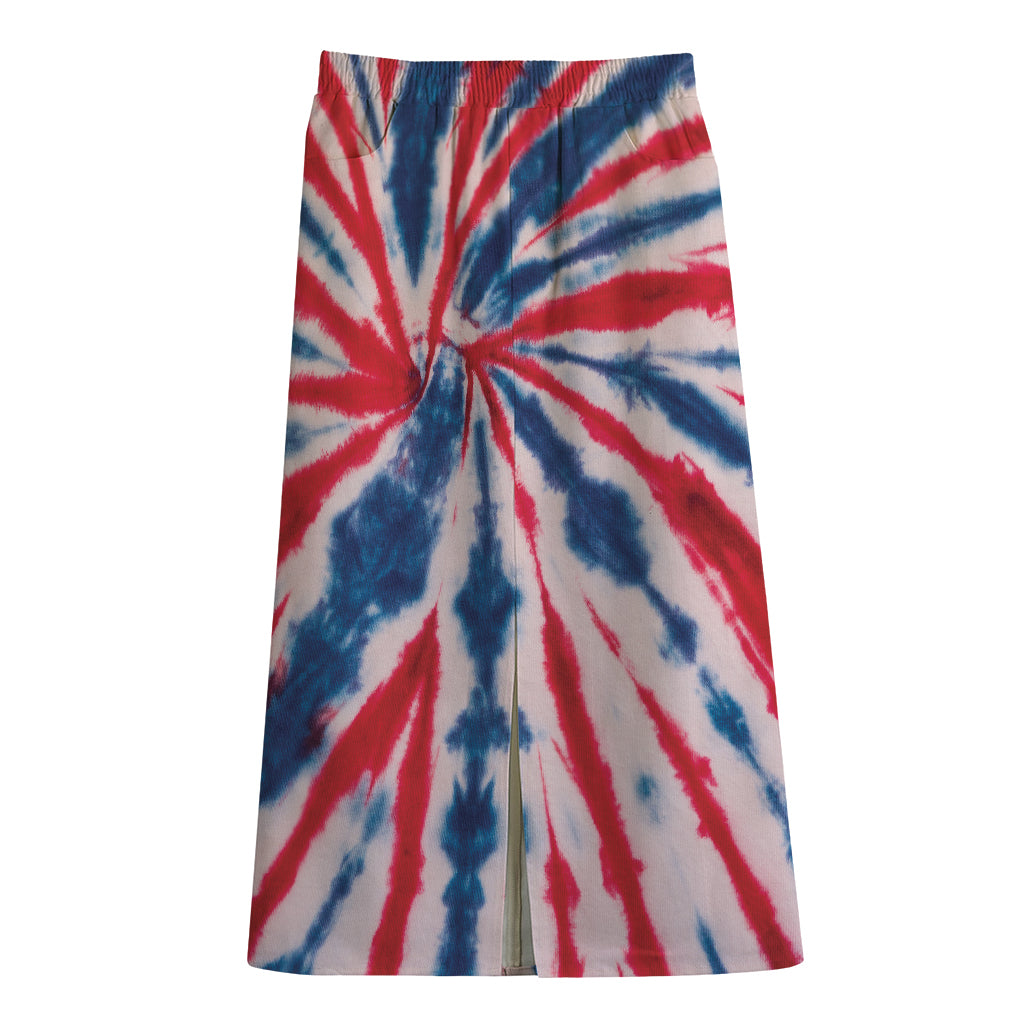Red And Blue Spider Tie Dye Print Cotton Front Slit Maxi Skirt