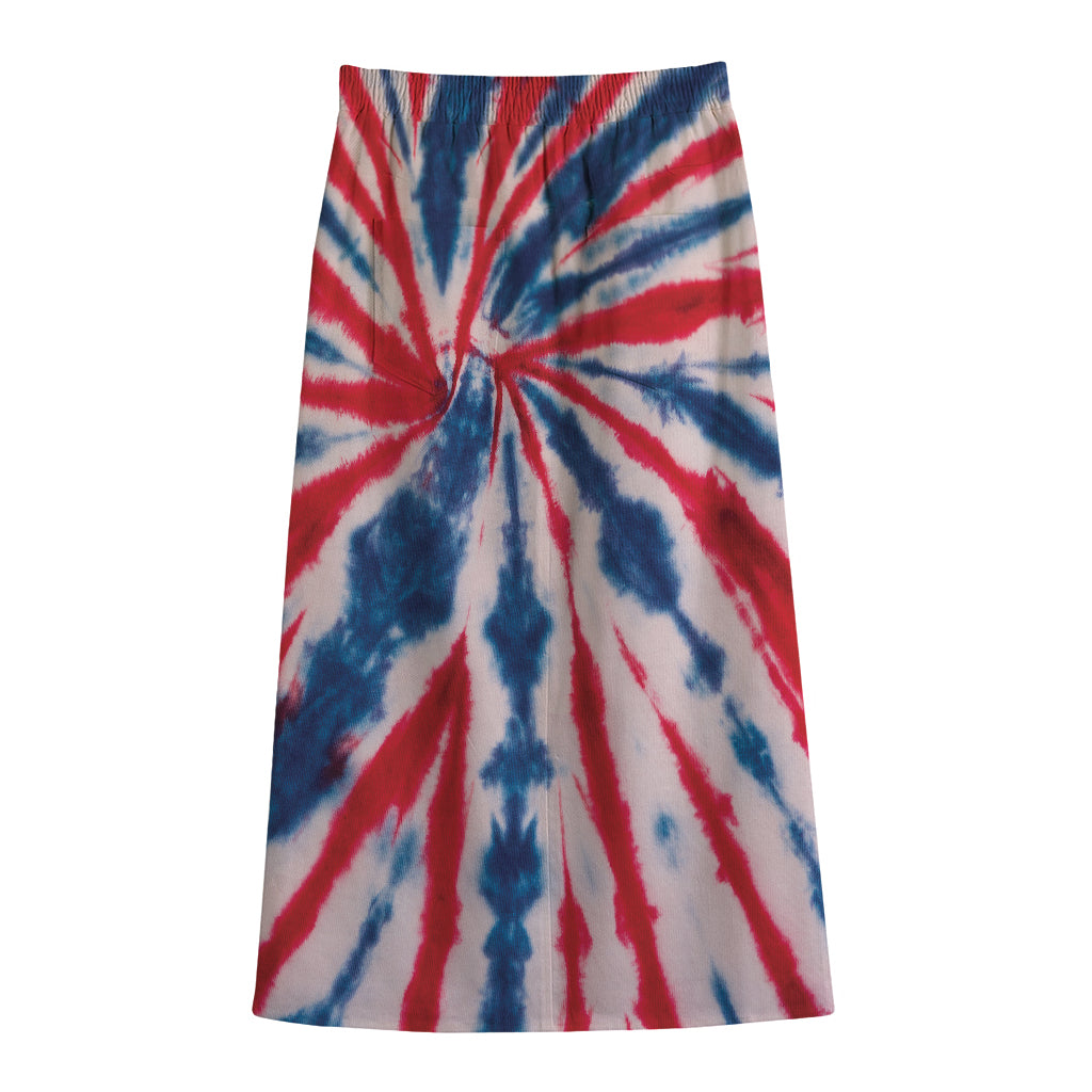Red And Blue Spider Tie Dye Print Cotton Front Slit Maxi Skirt
