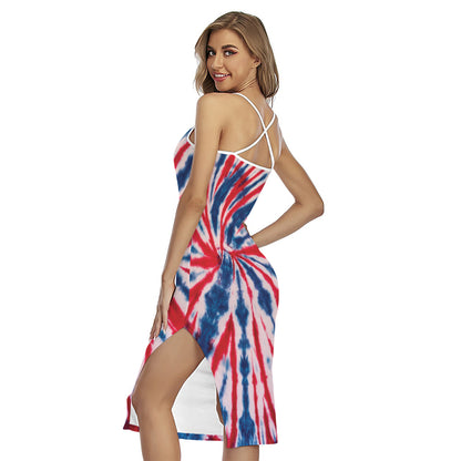 Red And Blue Spider Tie Dye Print Cross Back Cami Dress