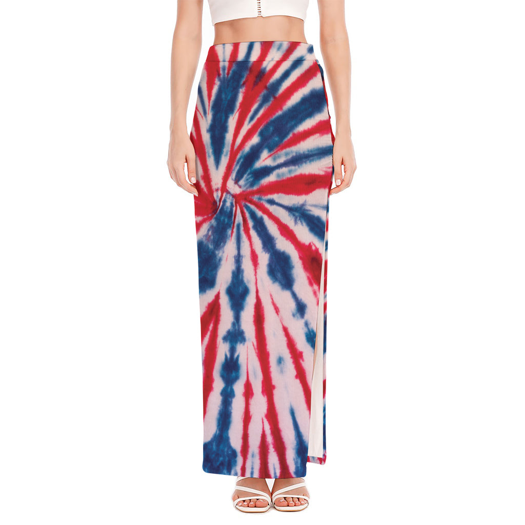 Red And Blue Spider Tie Dye Print High Slit Maxi Skirt
