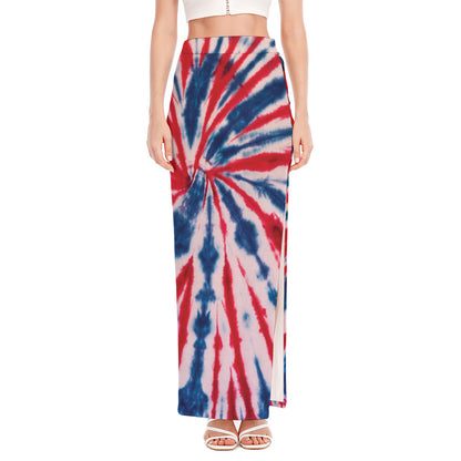 Red And Blue Spider Tie Dye Print High Slit Maxi Skirt