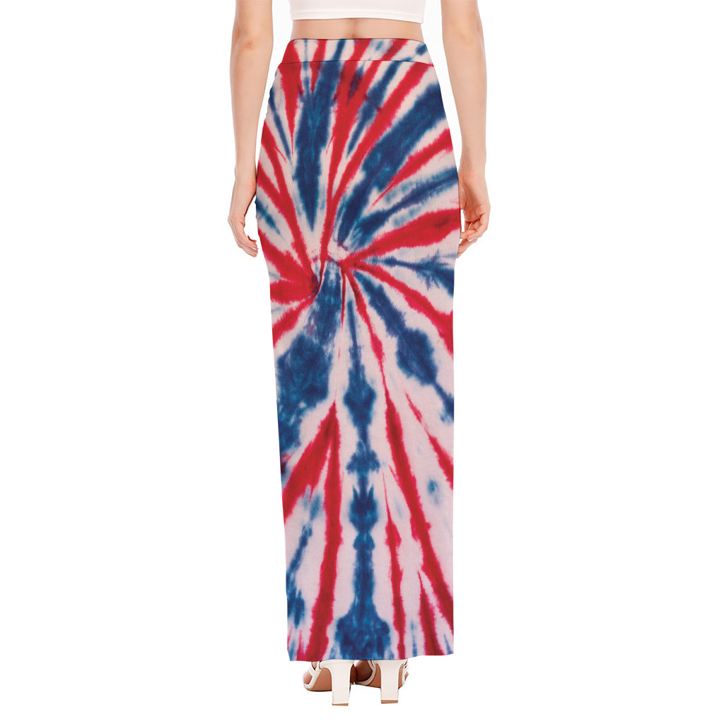 Red And Blue Spider Tie Dye Print High Slit Maxi Skirt