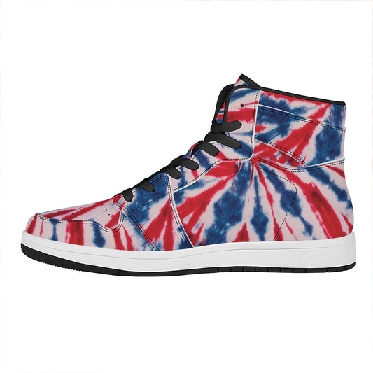 Red And Blue Spider Tie Dye Print High Top Leather Sneakers
