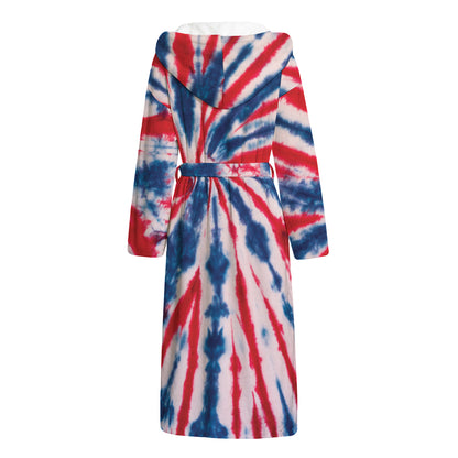 Red And Blue Spider Tie Dye Print Hooded Bathrobe