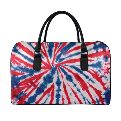 Red And Blue Spider Tie Dye Print Leather Duffle Bag