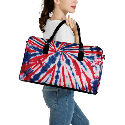 Red And Blue Spider Tie Dye Print Leather Duffle Bag