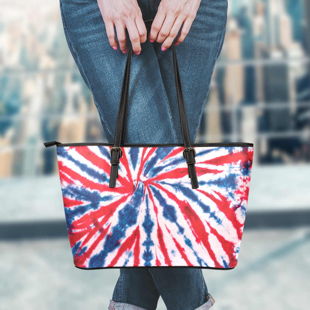 Red And Blue Spider Tie Dye Print Leather Tote Bag