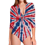 Red And Blue Spider Tie Dye Print Long Sleeve Swimsuit