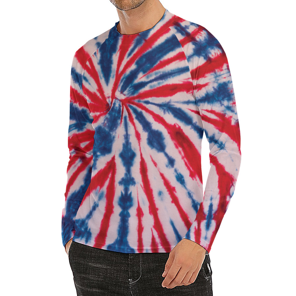 Red And Blue Spider Tie Dye Print Men's Long Sleeve Rash Guard