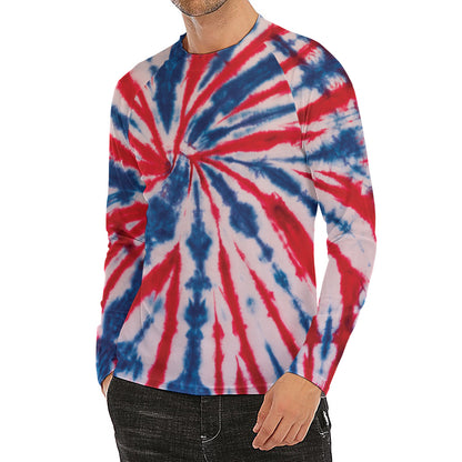 Red And Blue Spider Tie Dye Print Men's Long Sleeve Rash Guard
