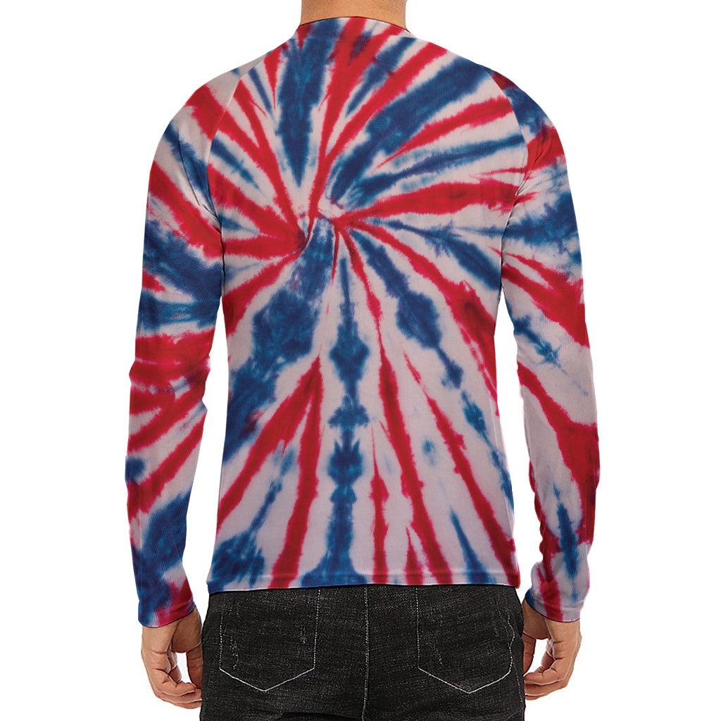 Red And Blue Spider Tie Dye Print Men's Long Sleeve Rash Guard