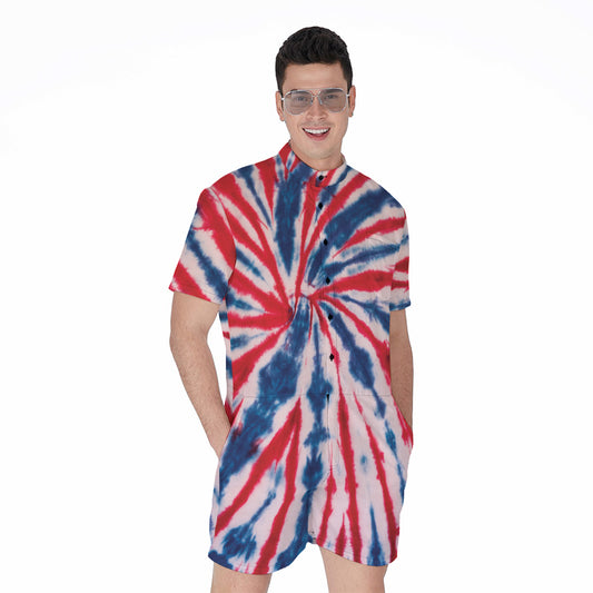 Red And Blue Spider Tie Dye Print Men's Rompers