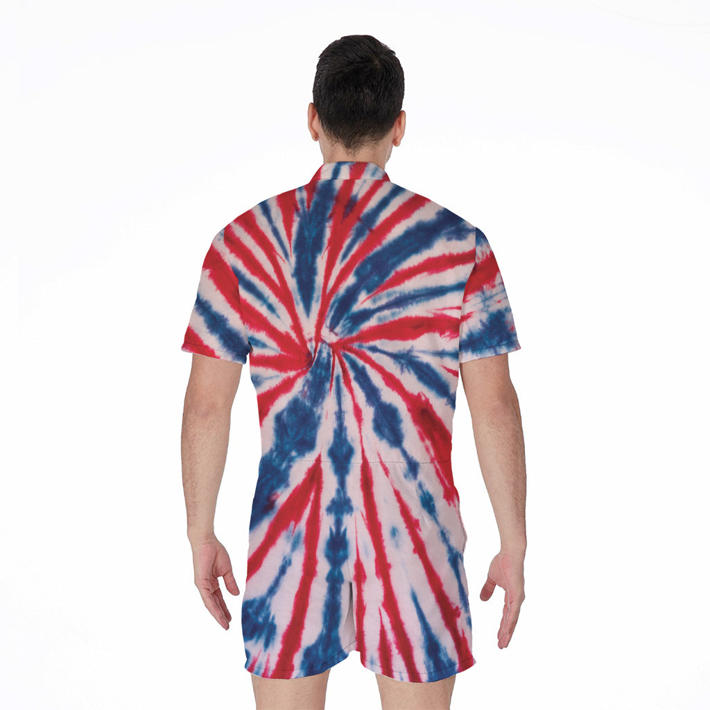 Red And Blue Spider Tie Dye Print Men's Rompers