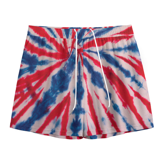 Red And Blue Spider Tie Dye Print Mesh Shorts