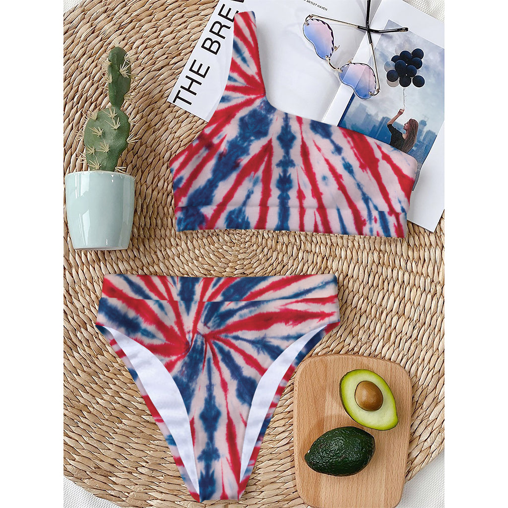Red And Blue Spider Tie Dye Print One Shoulder Bikini Top