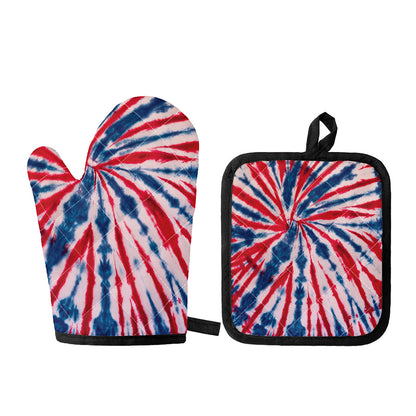 Red And Blue Spider Tie Dye Print Oven Mitt And Pot Holder Set