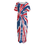 Red And Blue Spider Tie Dye Print Short Sleeve Long Nightdress