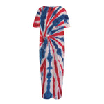 Red And Blue Spider Tie Dye Print Short Sleeve Long Nightdress