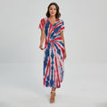 Red And Blue Spider Tie Dye Print Short Sleeve Maxi Dress