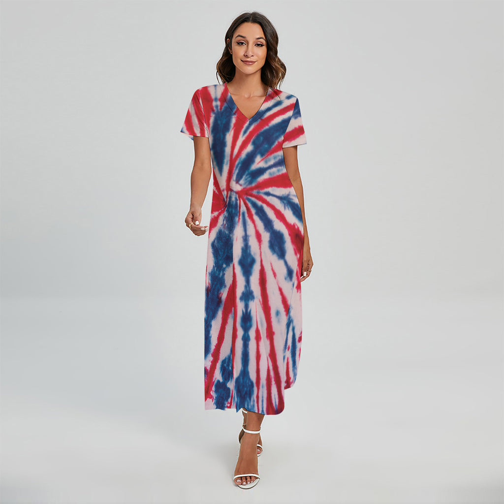 Red And Blue Spider Tie Dye Print Short Sleeve Maxi Dress