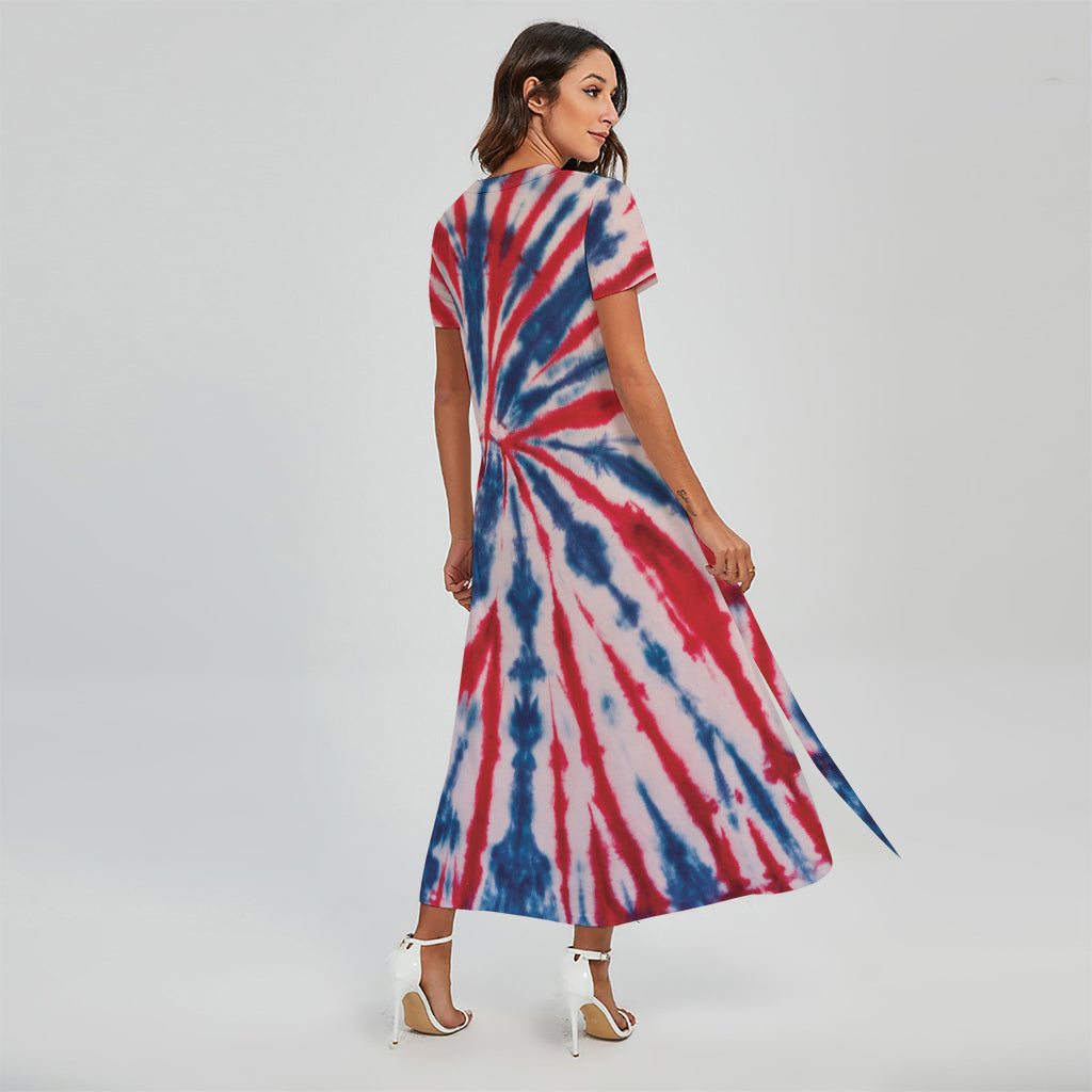 Red And Blue Spider Tie Dye Print Short Sleeve Maxi Dress