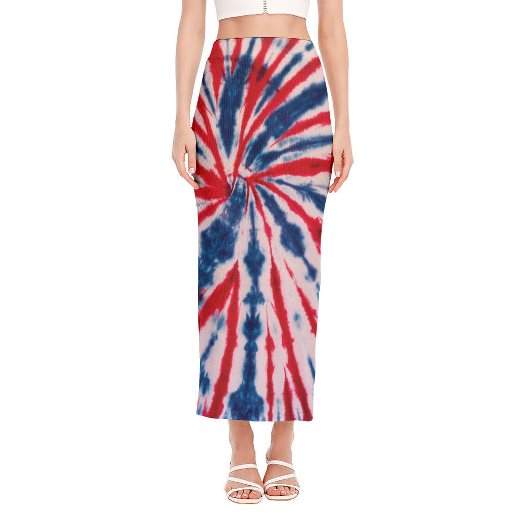 Red And Blue Spider Tie Dye Print Side Slit Maxi Skirt