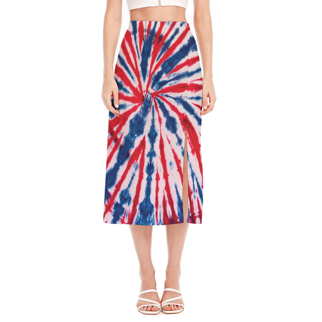 Red And Blue Spider Tie Dye Print Side Slit Midi Skirt