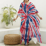 Red And Blue Spider Tie Dye Print Silk V-Neck Kaftan Dress