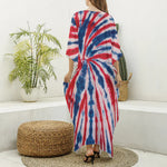 Red And Blue Spider Tie Dye Print Silk V-Neck Kaftan Dress