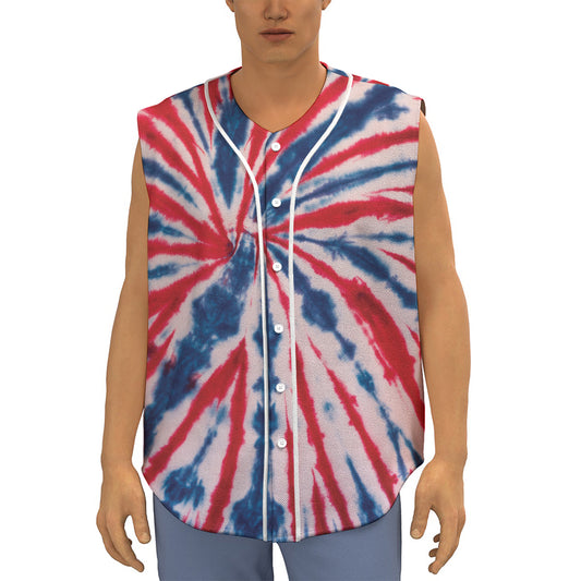 Red And Blue Spider Tie Dye Print Sleeveless Baseball Jersey