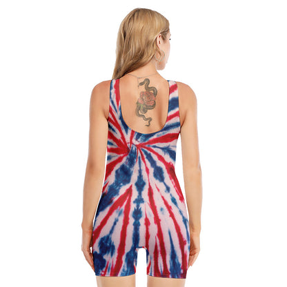 Red And Blue Spider Tie Dye Print Sleeveless One Piece Swimsuit