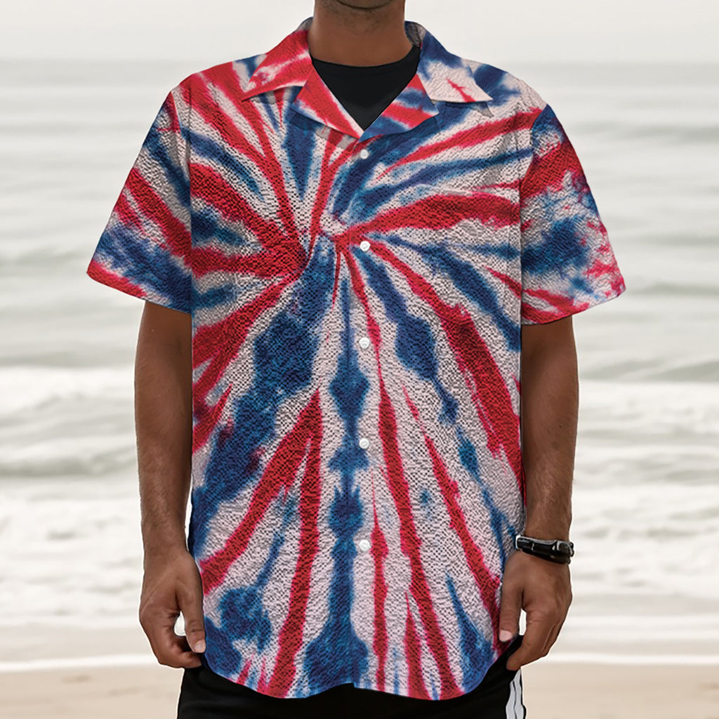 Red And Blue Spider Tie Dye Print Textured Short Sleeve Shirt