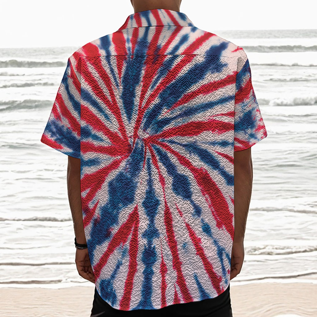 Red And Blue Spider Tie Dye Print Textured Short Sleeve Shirt