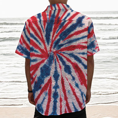 Red And Blue Spider Tie Dye Print Textured Short Sleeve Shirt