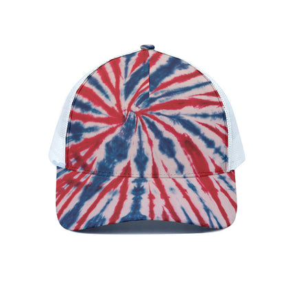 Red And Blue Spider Tie Dye Print White Mesh Trucker Cap