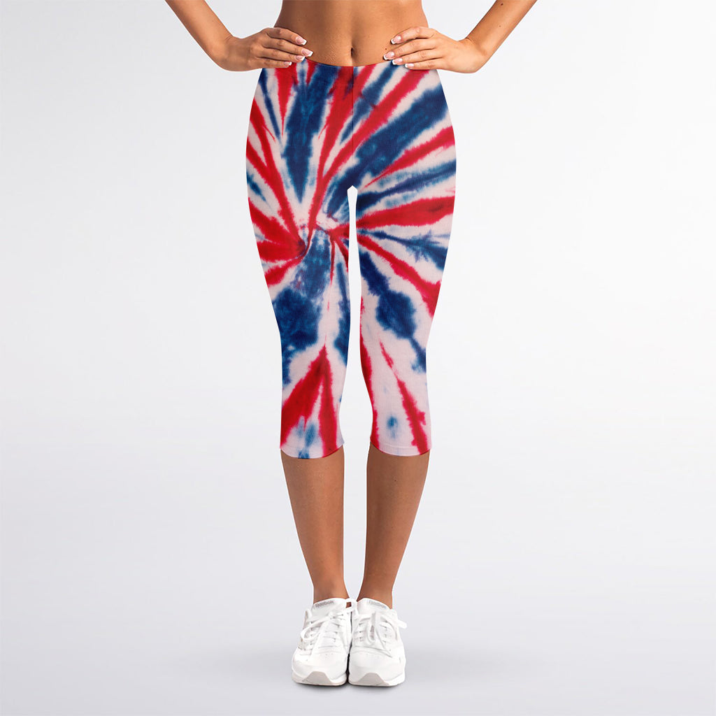 Red And Blue Spider Tie Dye Print Women's Capri Leggings