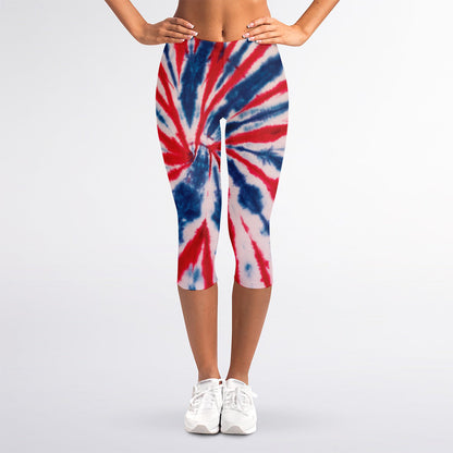 Red And Blue Spider Tie Dye Print Women's Capri Leggings