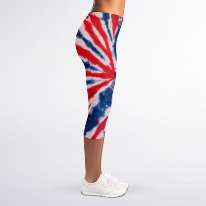 Red And Blue Spider Tie Dye Print Women's Capri Leggings