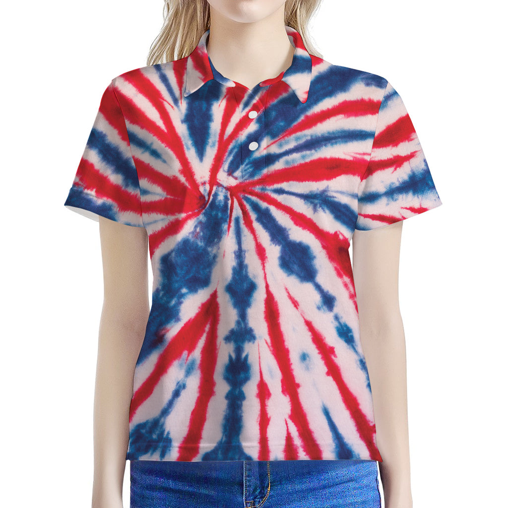 Red And Blue Spider Tie Dye Print Women's Polo Shirt