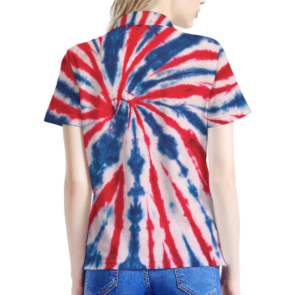 Red And Blue Spider Tie Dye Print Women's Polo Shirt