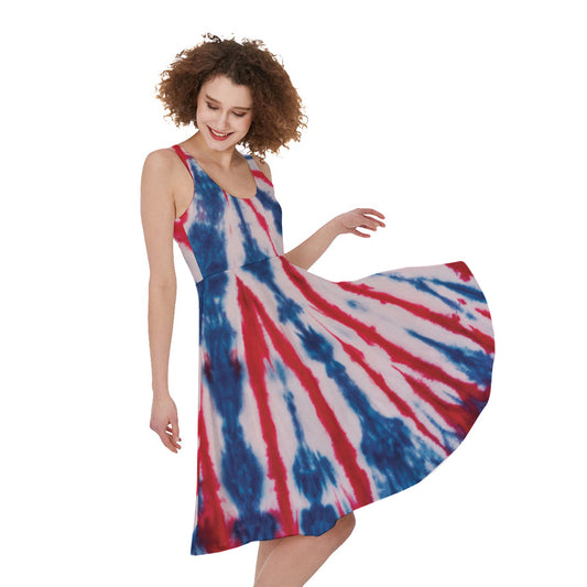 Red And Blue Spider Tie Dye Print Women's Sleeveless Dress