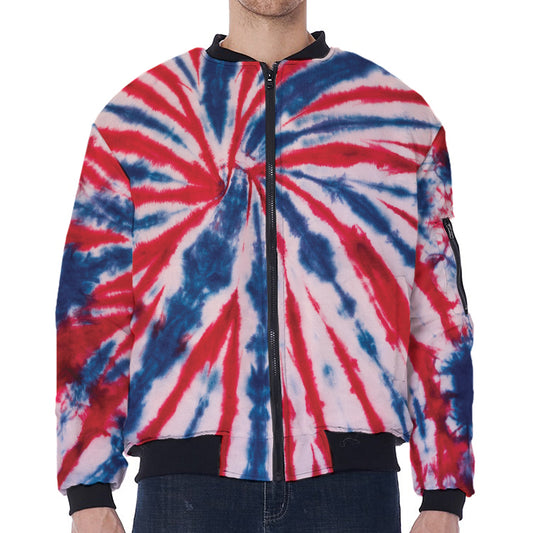 Red And Blue Spider Tie Dye Print Zip Sleeve Bomber Jacket