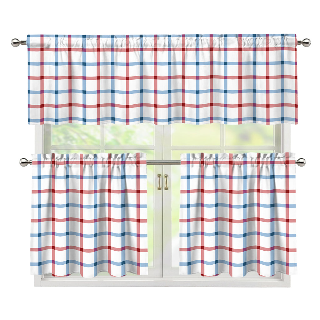 Red And Blue Tattersall Pattern Print 3 Piece Kitchen Curtains