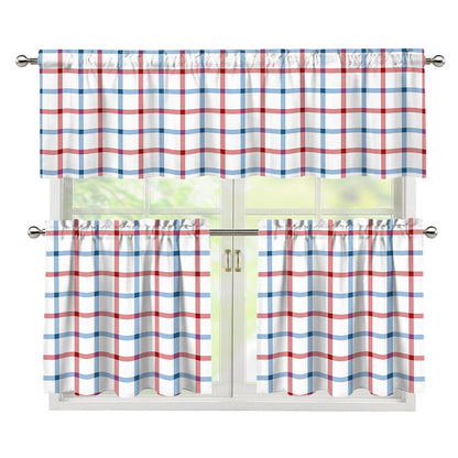 Red And Blue Tattersall Pattern Print 3 Piece Kitchen Curtains