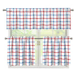 Red And Blue Tattersall Pattern Print 3 Piece Kitchen Curtains