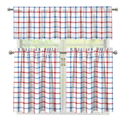 Red And Blue Tattersall Pattern Print 3 Piece Kitchen Curtains