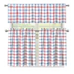 Red And Blue Tattersall Pattern Print 3 Piece Kitchen Curtains