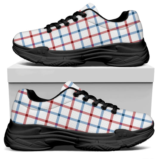 Red And Blue Tattersall Pattern Print Black Chunky Shoes